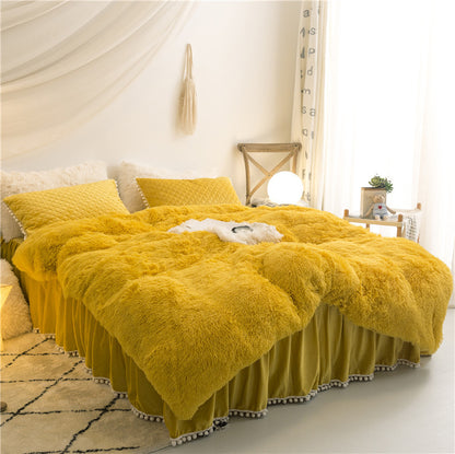 A Autumn and winter thickened warm mink velvet bed skirt four-piece crystal velvet princess wind long hair double-sided velvet bedding