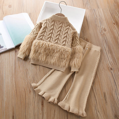 A girls sweater set autumn and winter new foreign style Korean version solid color twist fluff knitted long-sleeved pants two-piece set