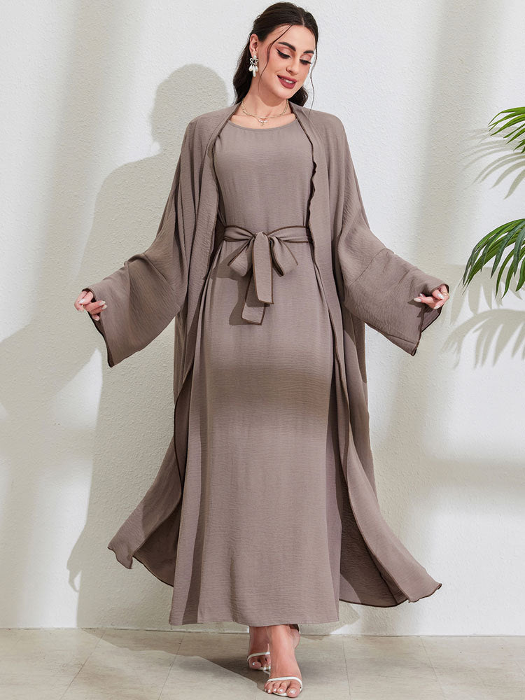 Women's Middle Eastern Muslim Clothing Fashion Elegant Cardigan Dress Belt Robe