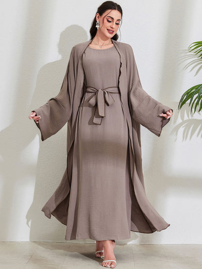 Women's Middle Eastern Muslim Clothing Fashion Elegant Cardigan Dress Belt Robe