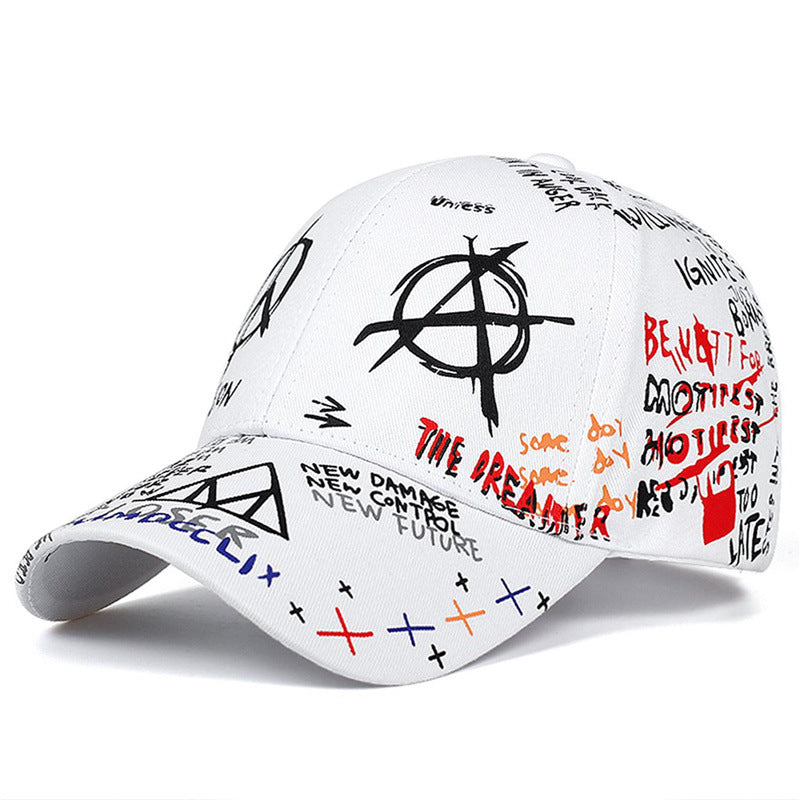 A Cross-border outdoor graffiti caps, hip hop boys, hip hop students, sun hats, women's fashion street photography, wild printed baseball caps