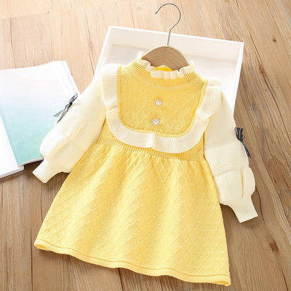 A girls sweater dress 2024 autumn and winter new Korean version of foreign gas bubble sleeve bow knitted pullover princess dress