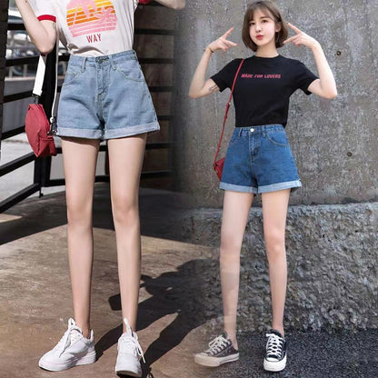 A high waist black denim shorts female summer student curled edge loose and thin a word wide leg pants hot pants Korean version tide