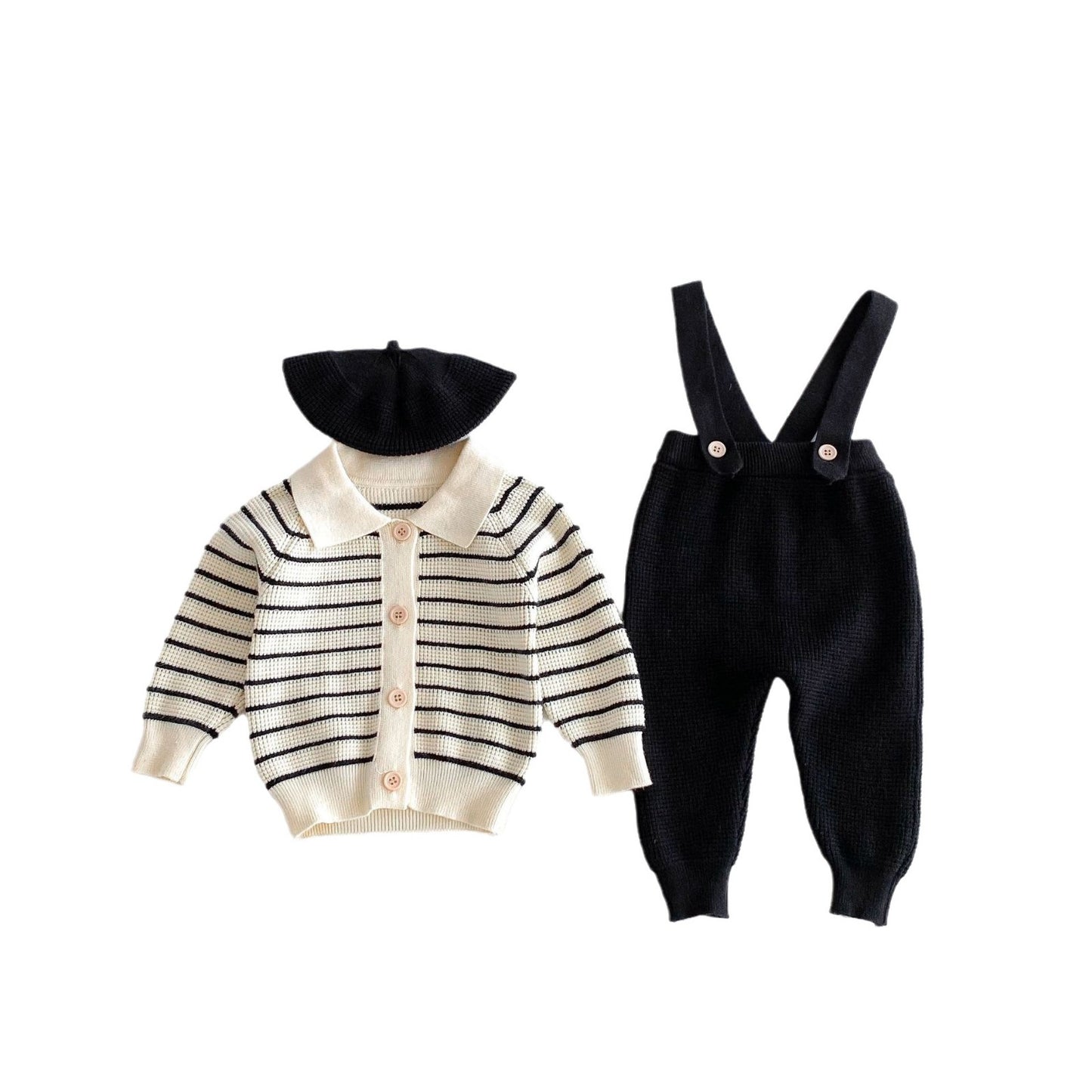 A Autumn and winter new children's clothing infant lapel striped long-sleeved cardigan waffle overalls trousers British two-piece set