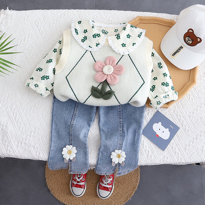 A autumn new top Korean version baby girl bow set girls flower sweater vest three-piece set trendy