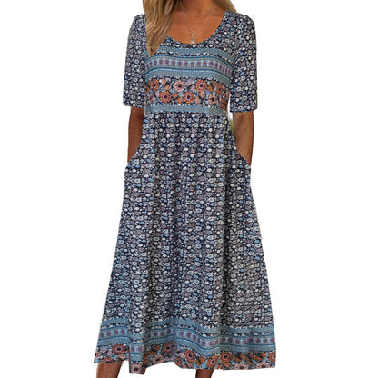 A 2024 Europe, America, Amazon Summer New Women's Crew Neck Short Sleeve Long Dress Bohemian Print Dress Women