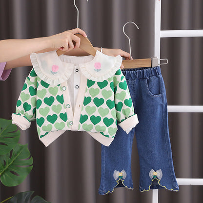 A girls cute suit autumn clothes new three-piece set full of love children's spring and autumn children's clothing trend