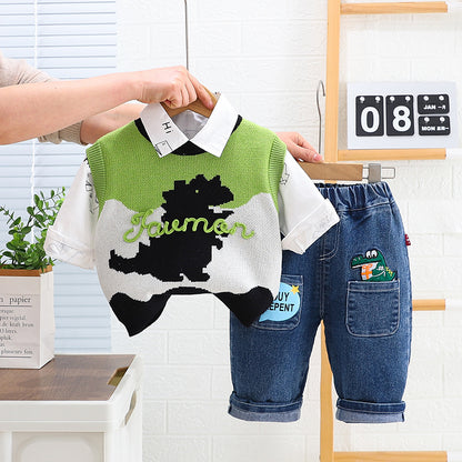 A boys' spring suit foreign baby spring autumn wave dinosaur sweater three -piece set