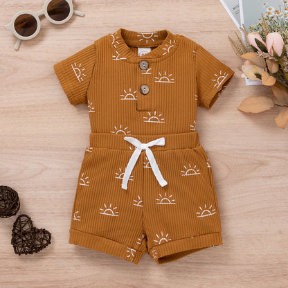 Bao Bao summer baby boy two-piece set pit strip sun printed stand collar short sleeve bag fart suit shorts set 0.15