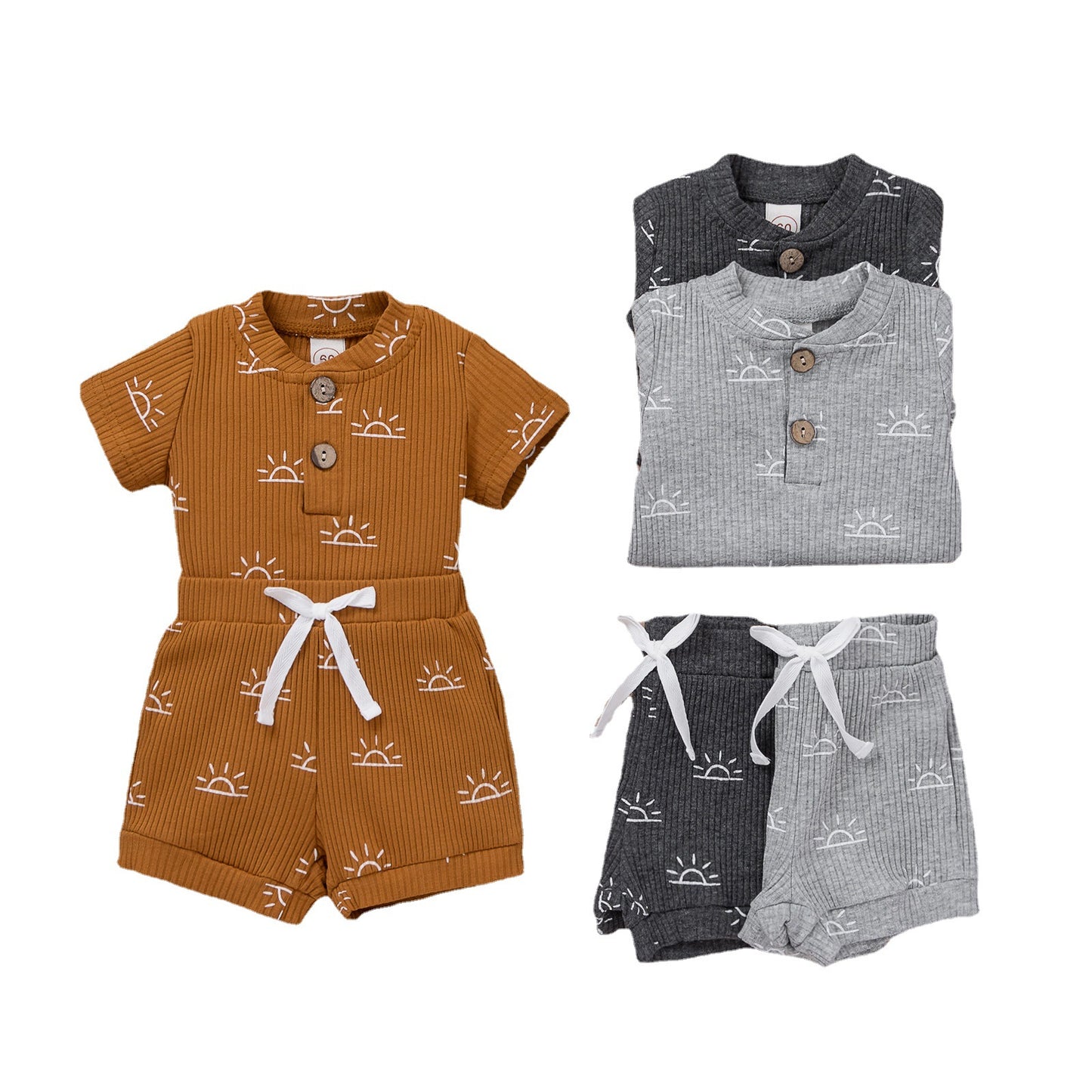 Bao Bao summer baby boy two-piece set pit strip sun printed stand collar short sleeve bag fart suit shorts set 0.15