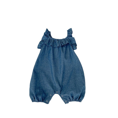 A baby pure cotton breathable denim short crawling suit, sweet and cute girl baby summer new jumpsuit, bag and buttocks