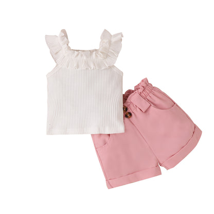 Camiseta sin mangas con orejas de madera para niños pequeños y medianos de Tengxin, ropa para niños de Amazon, primavera/verano, conjunto de pantalones cortos de color liso para niñas