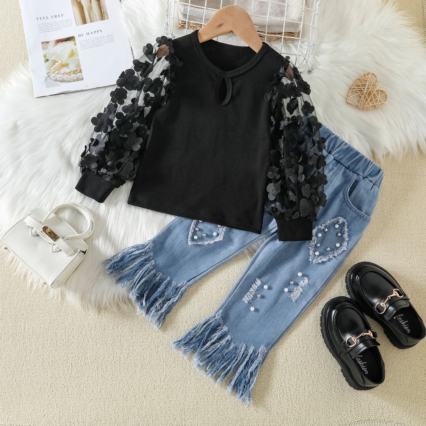 New Children's Wear Girls' Mesh Spliced Clear Color Top with Beaded Tassels and Ragged Edge Jeans Cross border Children's Set 0.3kg