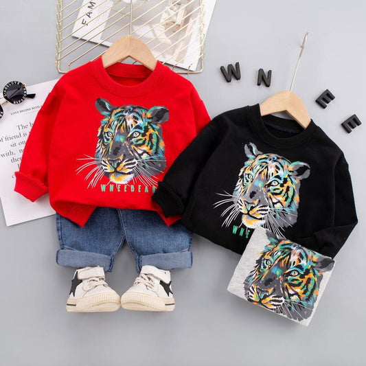 Autumn New Children's Cartoon Print Pullover Set for Boys and Girls 0-4 Years Old Leisure Cotton Sweater Baby Spring Dress 0.26kg