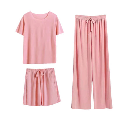 Un pijama de seda de hielo suave de verano de tres piezas para mujer, ropa de estar por casa, simple, informal y cómodo, conjunto de pantalones cortos holgados de manga corta 