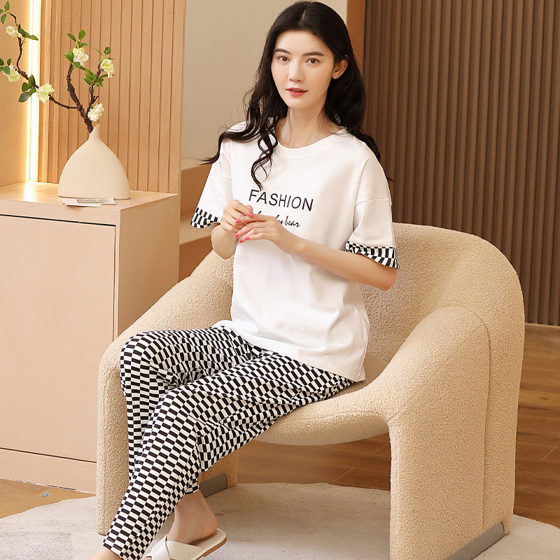 A pajamas women's summer women's pure cotton thin cool short-sleeved trousers round neck summer large-size women's loungewear suit