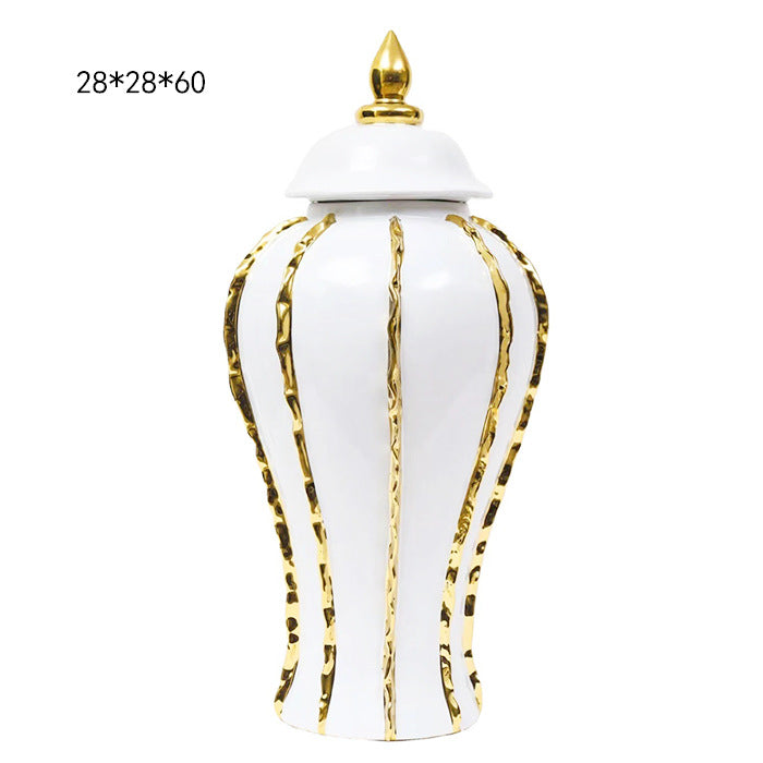 European style light luxury electroplated ceramic striped general jar open large vase model room living room hotel foyer decoration 1kg