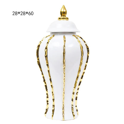 European style light luxury electroplated ceramic striped general jar open large vase model room living room hotel foyer decoration 1kg