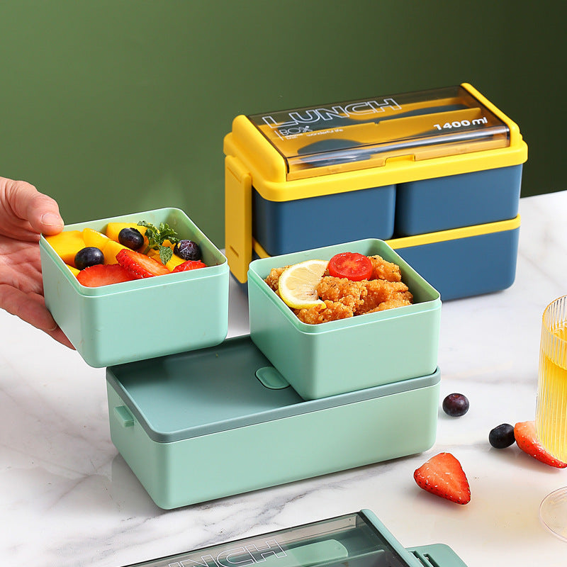 A Japanese-style double-layer plastic lunch box microwave oven separated sealed insulation student lunch box office lunch box wholesale