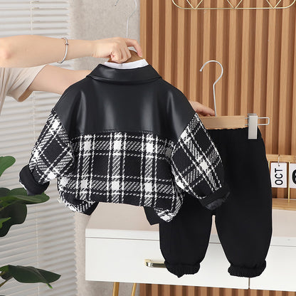 A Spring and Autumn Men's and Women's Suits Children's Spring and Autumn Plaid Crew Neck Sweater Suits Baby Handsome Three-piece Set