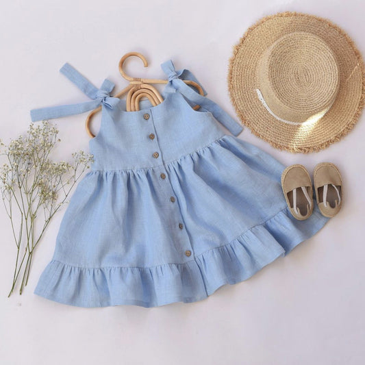 Vestido camisola sin mangas de algodón y lino para niña con falda princesa con borde con volantes Vestidos de algodón y lino para niña