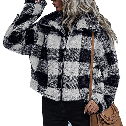 Plush Jacket Women's Fashion Lapel Plaid Zipper Shirt Winter Top