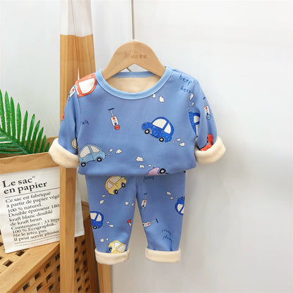 A handsome baby autumn clothes new velvet cartoon warm clothes two-piece set autumn and winter boys and girls suits wholesale