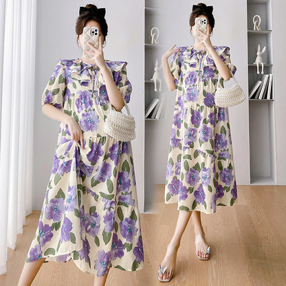 A maternity clothes 2024 summer new French retro thin sweet large size floral bubble sleeves age-reducing maternity dress