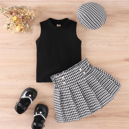 GUI Children's clothing foreign trade new style sleeveless vest plaid skirt beret three-piece western style suit 0.25kg