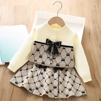 A girls sweater set autumn and winter new Korean version bow children's knitted long-sleeved cardigan short skirt two-piece set