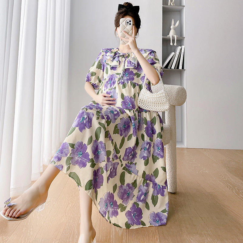 A maternity clothes 2024 summer new French retro thin sweet large size floral bubble sleeves age-reducing maternity dress