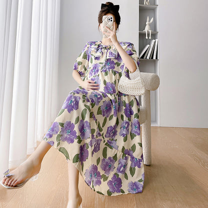 A maternity clothes 2024 summer new French retro thin sweet large size floral bubble sleeves age-reducing maternity dress