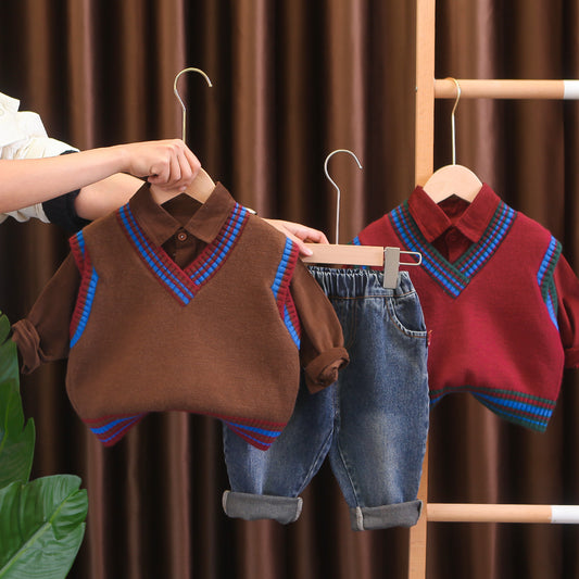 A new spring clothes boys casual foreign style baby contrasting color V-neck sweater vest three-piece set manufacturer wholesale