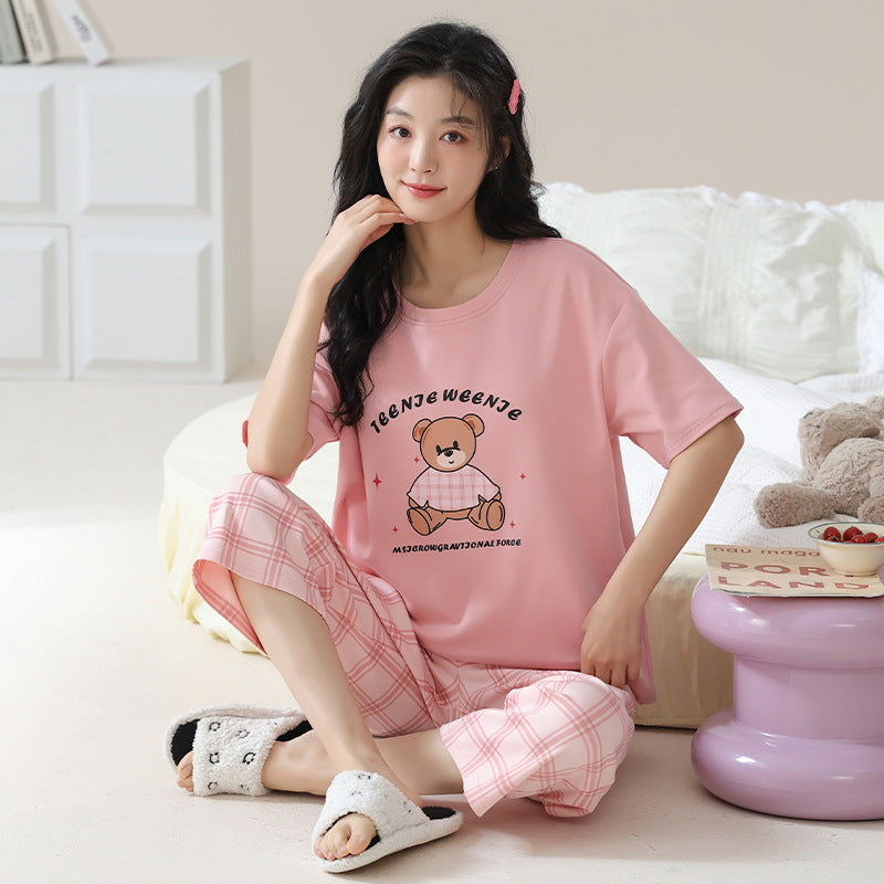 A pajamas women's summer cartoon pure cotton short-sleeved cropped pants casual loose round neck can be worn outside summer loungewear suit