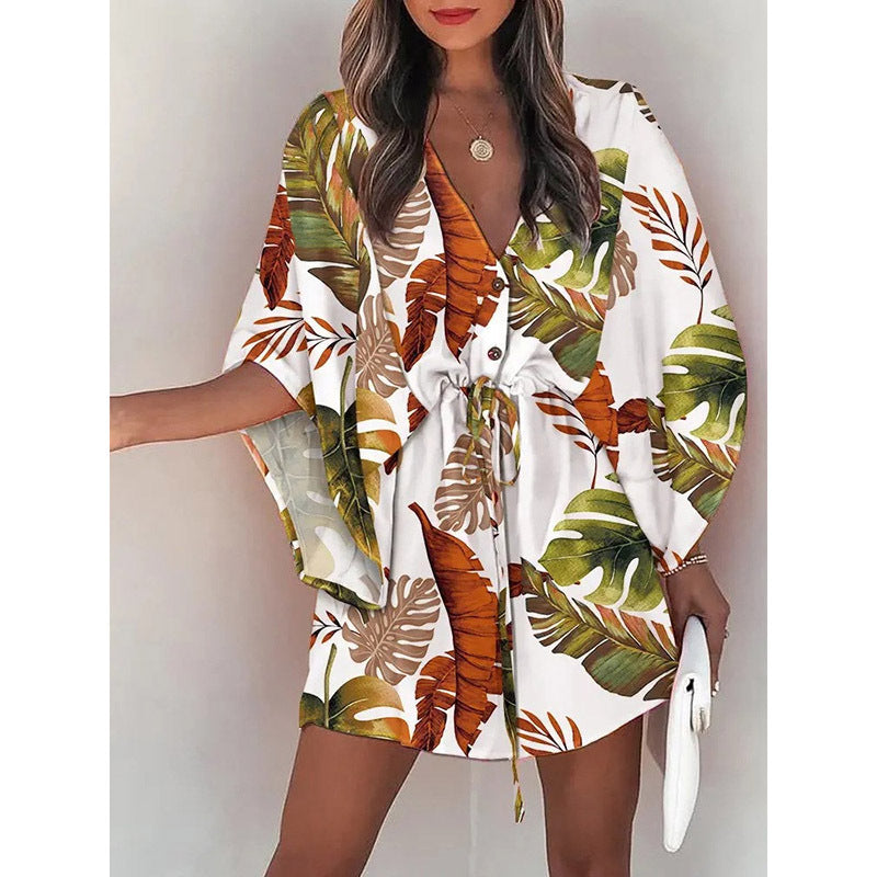 A cross-border European and American foreign trade women's clothing summer women's flying sleeves Amazon V-neck lace up printed beach skirts wholesale