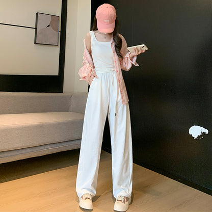 A white sports wide-leg pants women's summer thin high waist drape loose small casual quick-drying banana scimitar pants