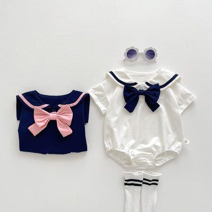 A baby summer new girl baby western-style college wind lapel bow Harbin clothes newborn triangle climbing suit