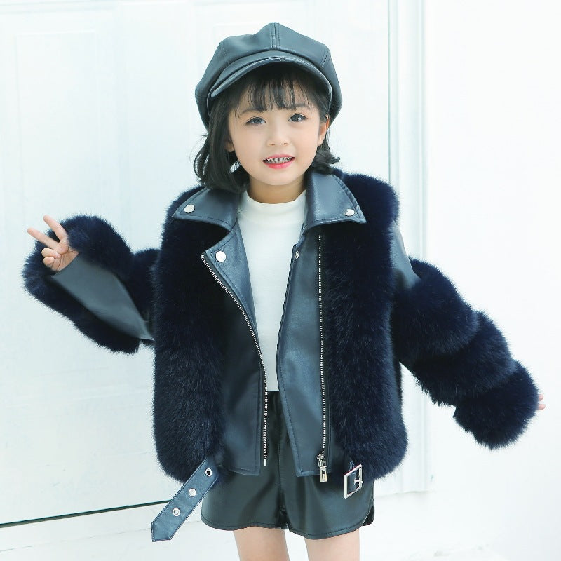 A autumn and winter boys and girls imitation fox fur jacket new children's warm wool sweater trendy locomotive clothing thickened