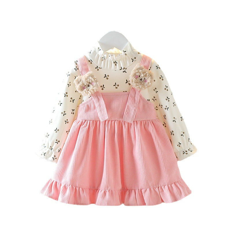 Girls dress spring and autumn clothes new baby girl skirt 0-4 years old round neck princess style children's clothes fake two skirts