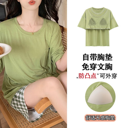 A 2024 Modal pajamas women's summer thin short-sleeved shorts anti-bumps with chest pads loungewear suit can be worn outside