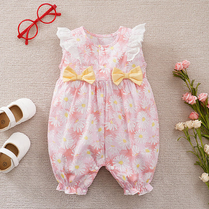 Summer thin baby girl jumpsuit, sweet little flying sleeve baby jumpsuit, bow short sleeved newborn crawling suit, 0.15kg