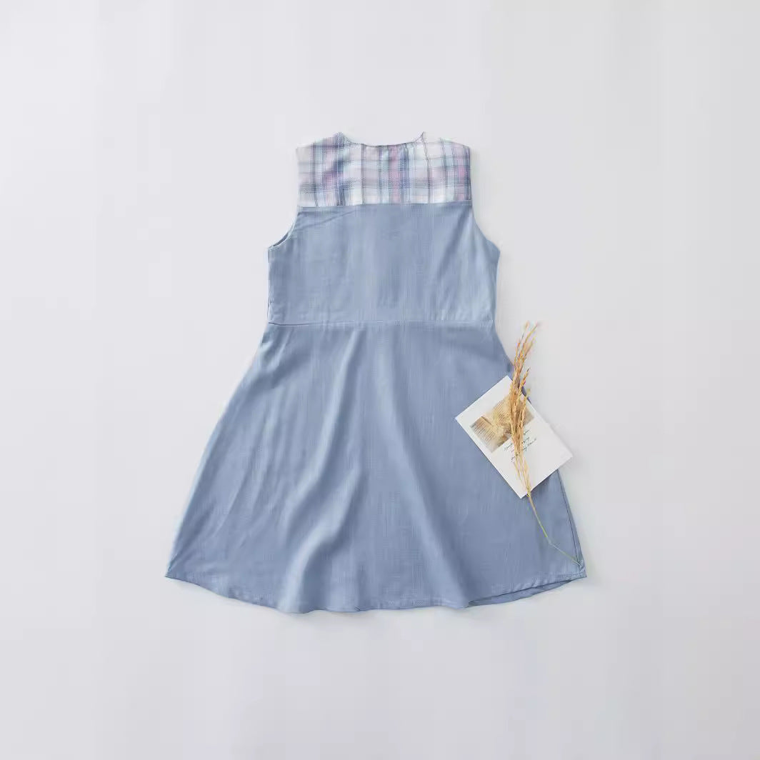 A 2024 Summer Girl Baby Cotton Linen Sleeveless Vest Dress Plaid Contrast Open Bow Princess Dress in