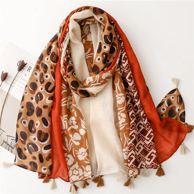 A Yitao Scarf Creative Ethnic Style Cotton and Hemp Hand Feel Scarf Women's Orange Wheat tassel Tourist Beach Scarf Shawl