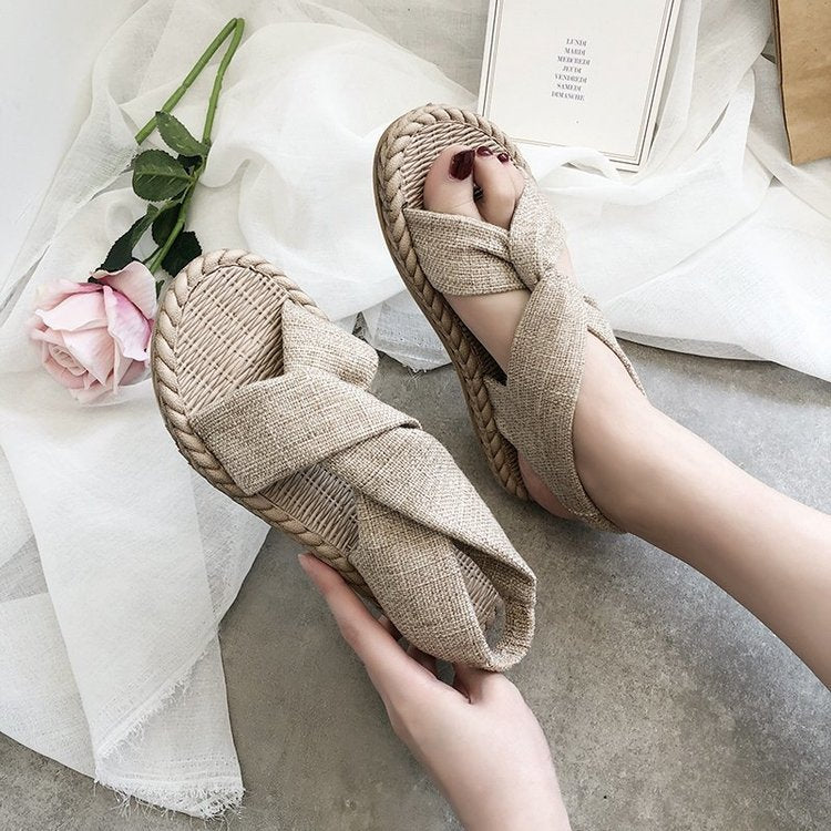 A 2024 New Sandals Women's Summer Outwear Grass Knitted Linen Roman Sandals Elastic Straps Cross Flat Bottom Women's Shoes Wholesal