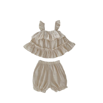 A 2024 Summer New Baby Girl Sweet Little Flying Sleeves Suspended Top+Clear Color Shorts 2-piece Set