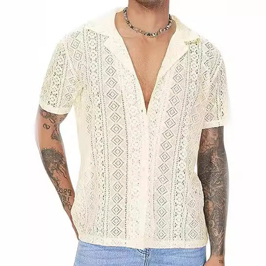 A spot European and American fashion new men&#039;s lace short sleeve shirt flower transparent button holiday hollow perspective lining