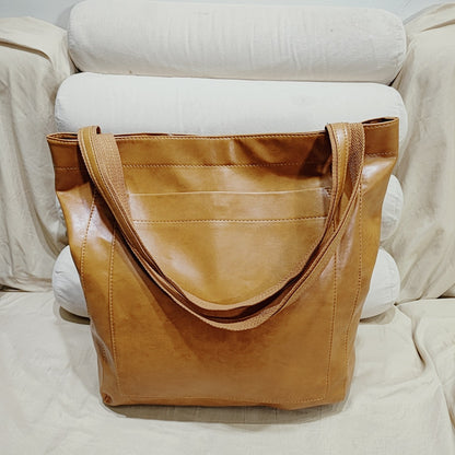 Women's soft leather handbag with pocket, one-shoulder vintage waxed leather, large capac 0.56KG