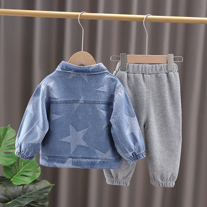 Spring and Autumn New Boys and Girls' Five pointed Star Cowboy Cute Baby Set with Solid Color Pants, Three Piece Set, 0.32kg