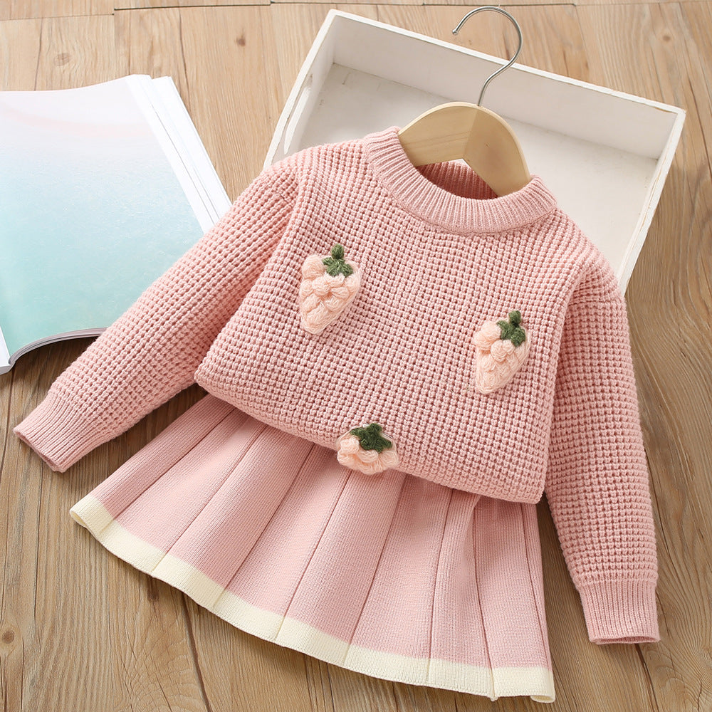 Conjunto de suéter para niñas 2023 otoño e invierno nuevo estilo versión coreana niña tridimensional fresa caramelo tejido conjunto de dos piezas 