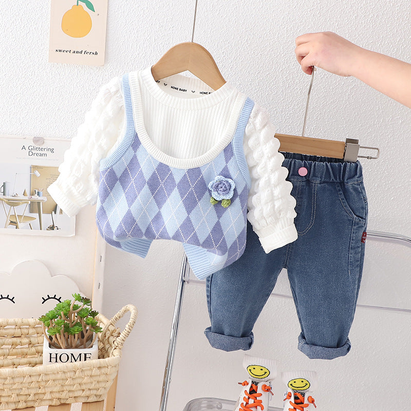 A children's set female flower cute sweet wind candy color sweater vest three-piece set new spring and autumn baby set